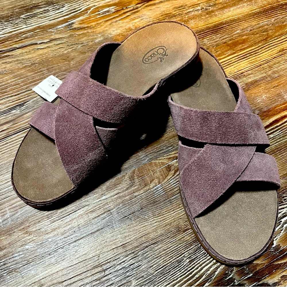 Chaco Women Sz 7 Wayfarer Slide Sandals Sparrow Leather Crisscross Straps Suede